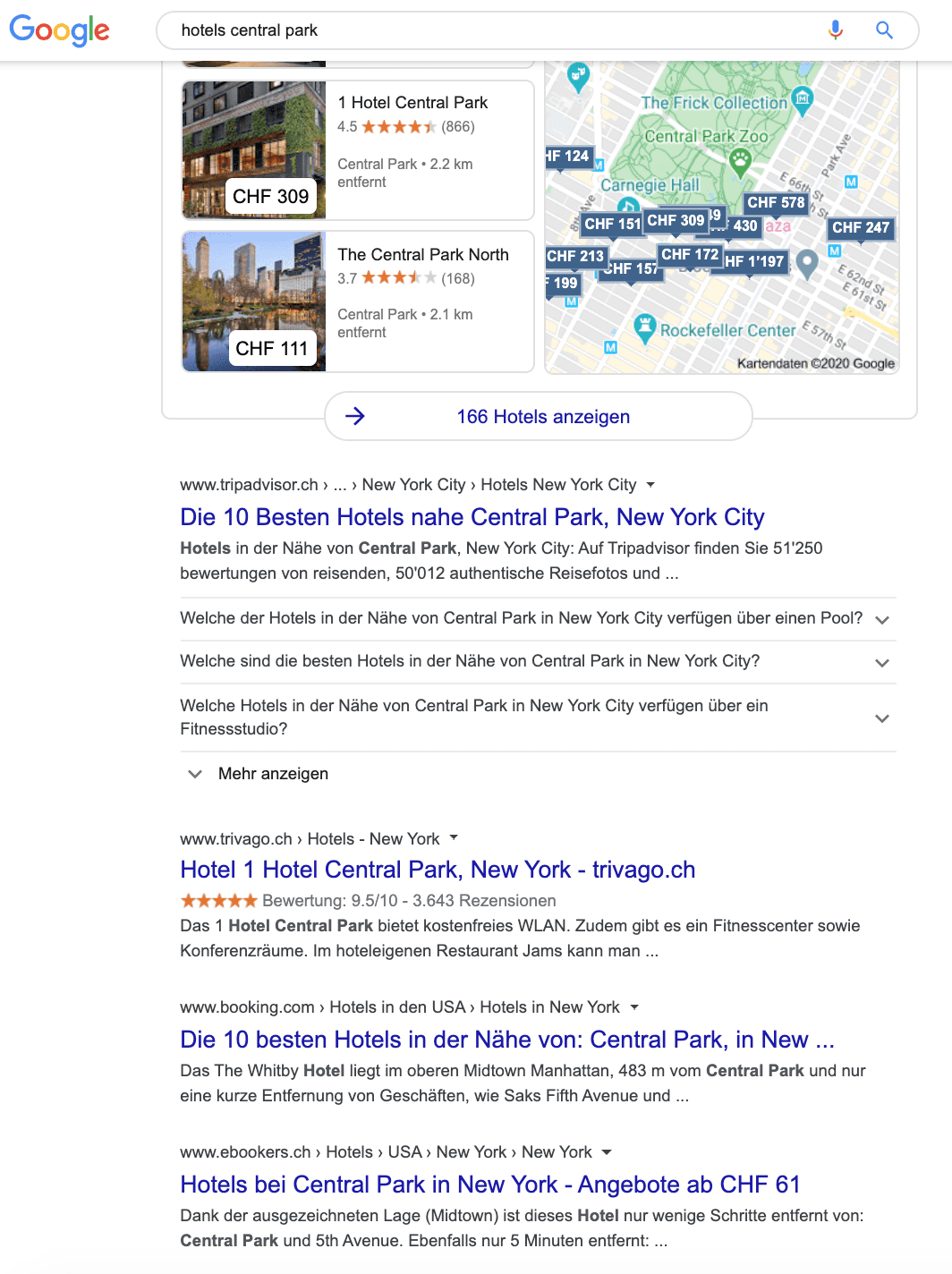 Auszug der Google Suchresultate für Hotels im Central Park